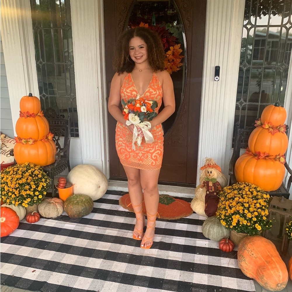 Beautiful size 6 Orange and nude Primavera cocktail/homecoming dress.